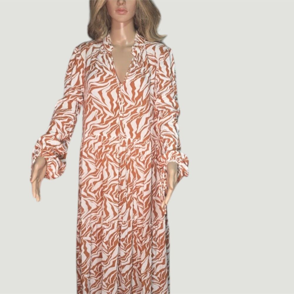 FRESHA London Daphine Maxi Dress Orange White Zebra Tiered Boho L/S V-Neck SZ: M - Picture 1 of 9